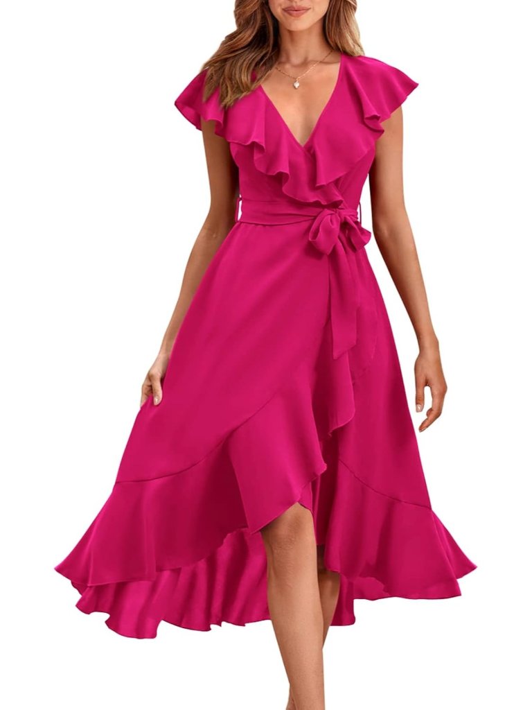 Women's Rose Red Summer Cross Midi Dress V Neck Short Sleeve Ruffle Hem Dress